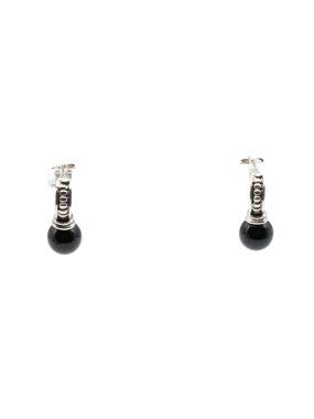 Vintage Sterling Silver Black Onyx Half Hoop Drop Earrings Beaded Detail